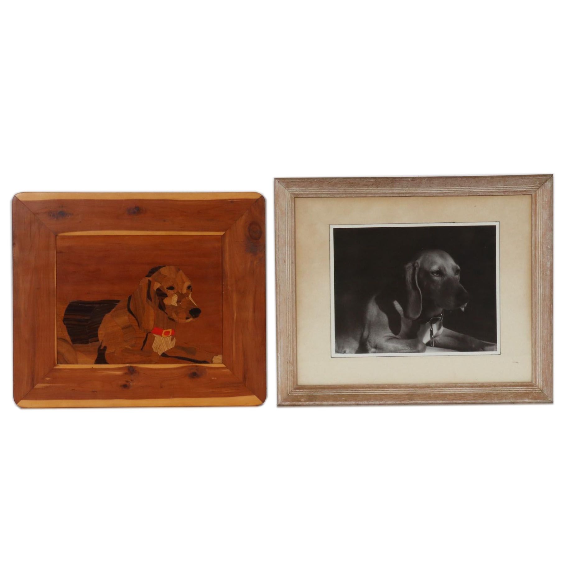 Marquetry and Photograph of Canine Portraits, Late 20th Century