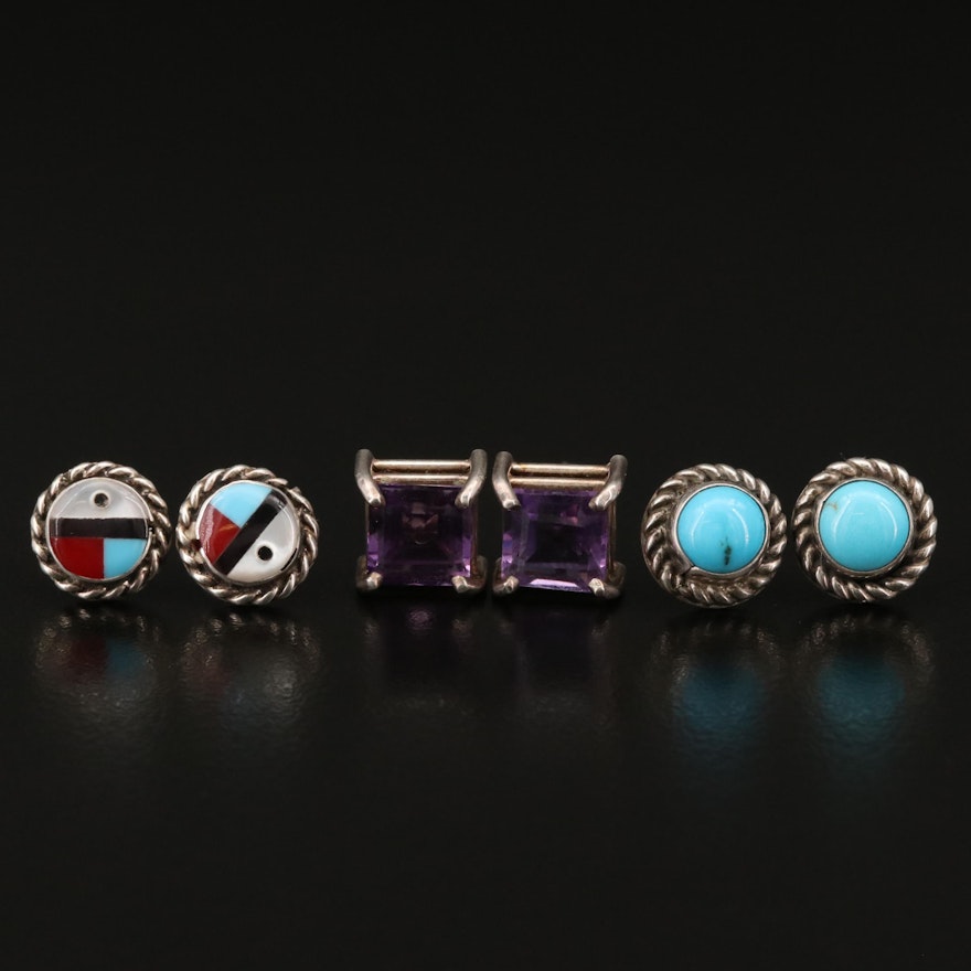 Sterling Silver Stud Earrings Featuring Western Style and Amethyst