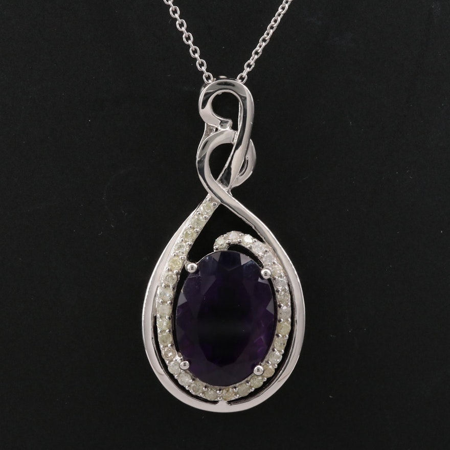 Sterling Silver Amethyst and Diamond Pendant Necklace