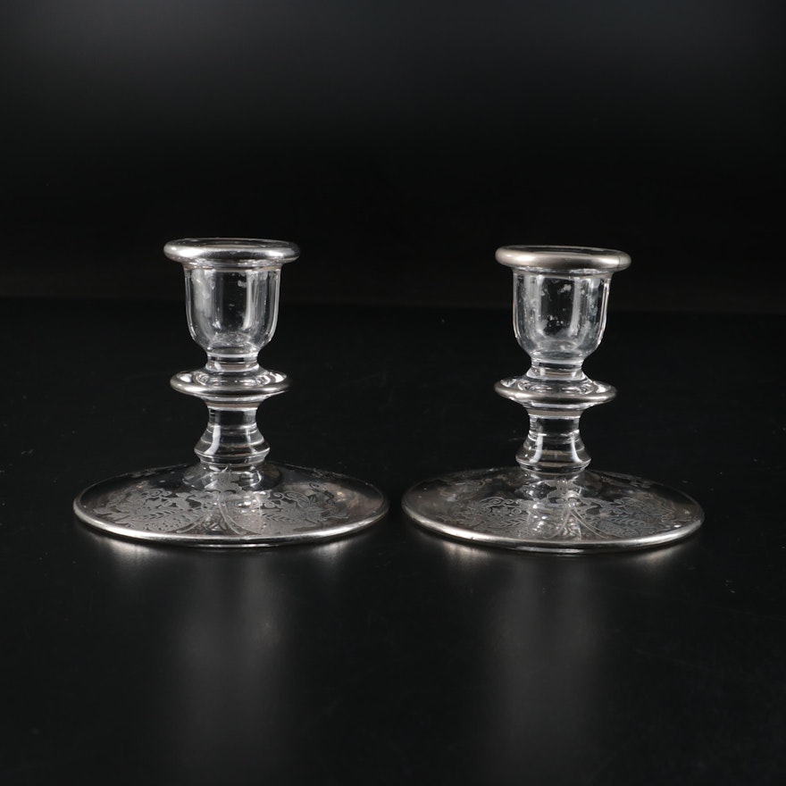 Silver Lacework Overlay Glass Candle Holders