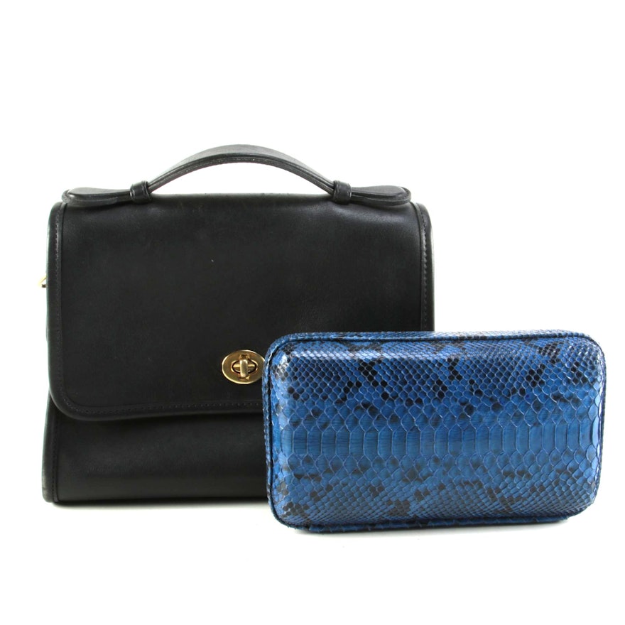 Black Leather Top Handle Bag and Blue Dyed Python Snakeskin Clutch