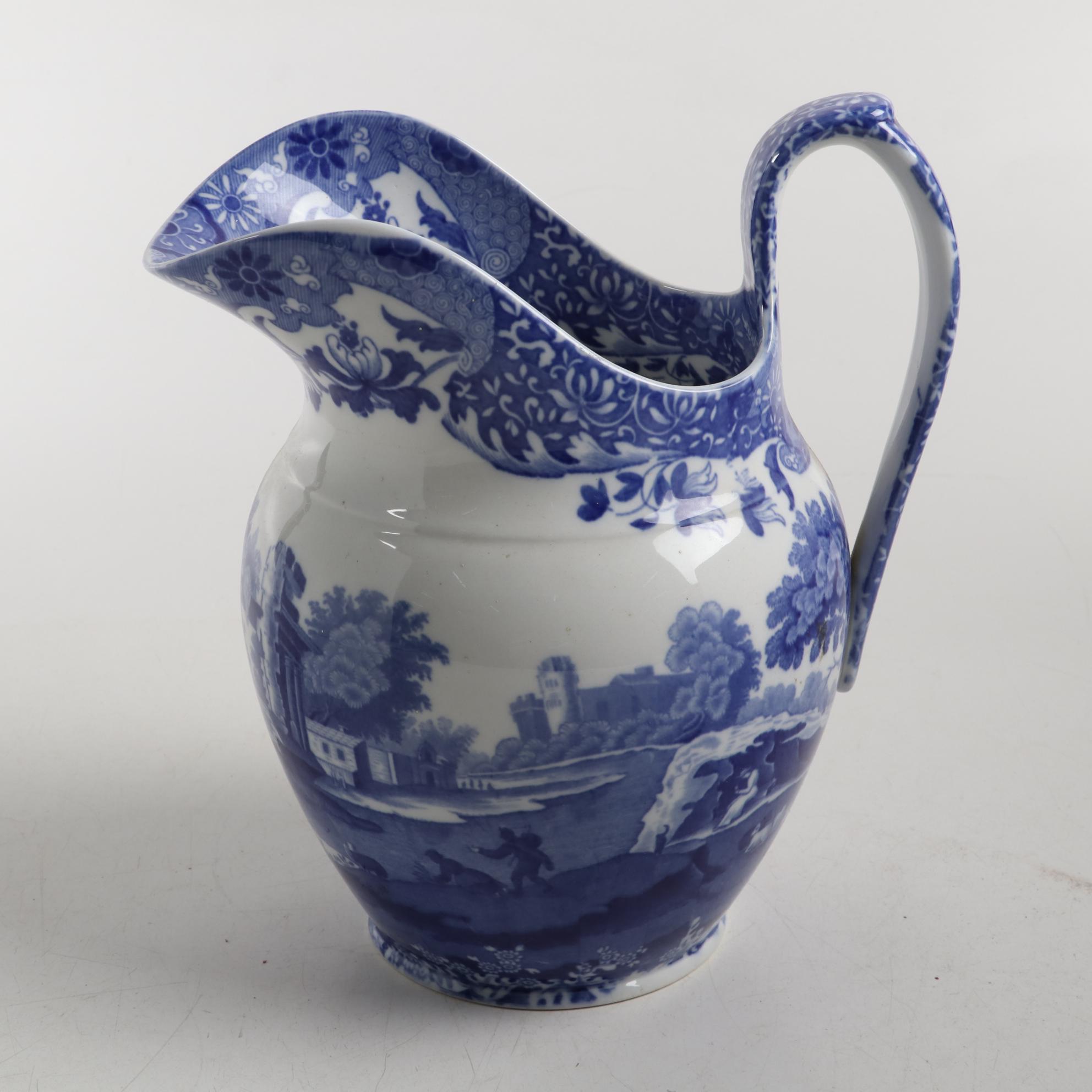 Copeland "Spode's Italian" Blue and White Transferware Pitcher, Early-Mid 20th C