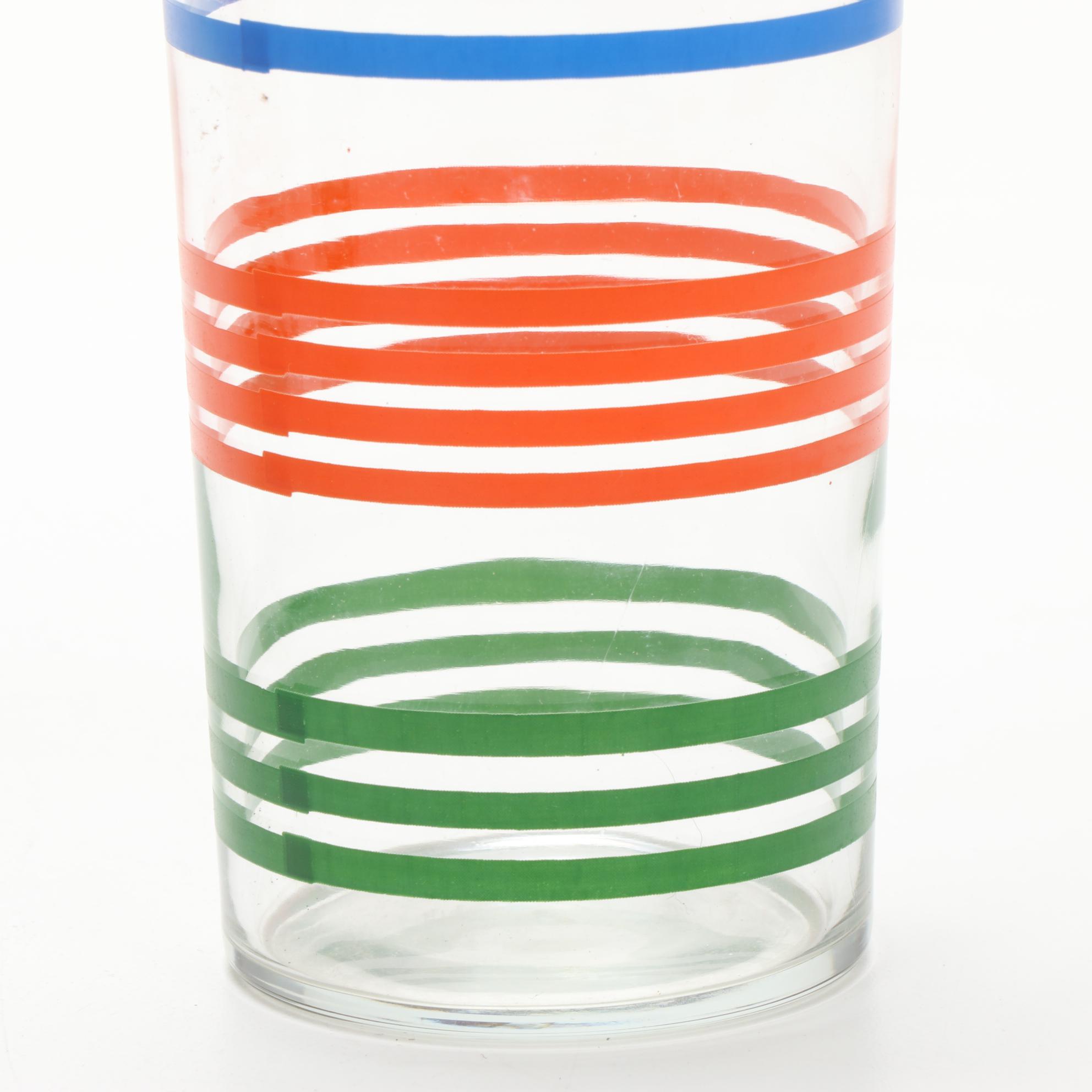 Hazel Atlas "Fiesta Stripe" Juice Glass Set with Pitcher and Shaker, 1950s