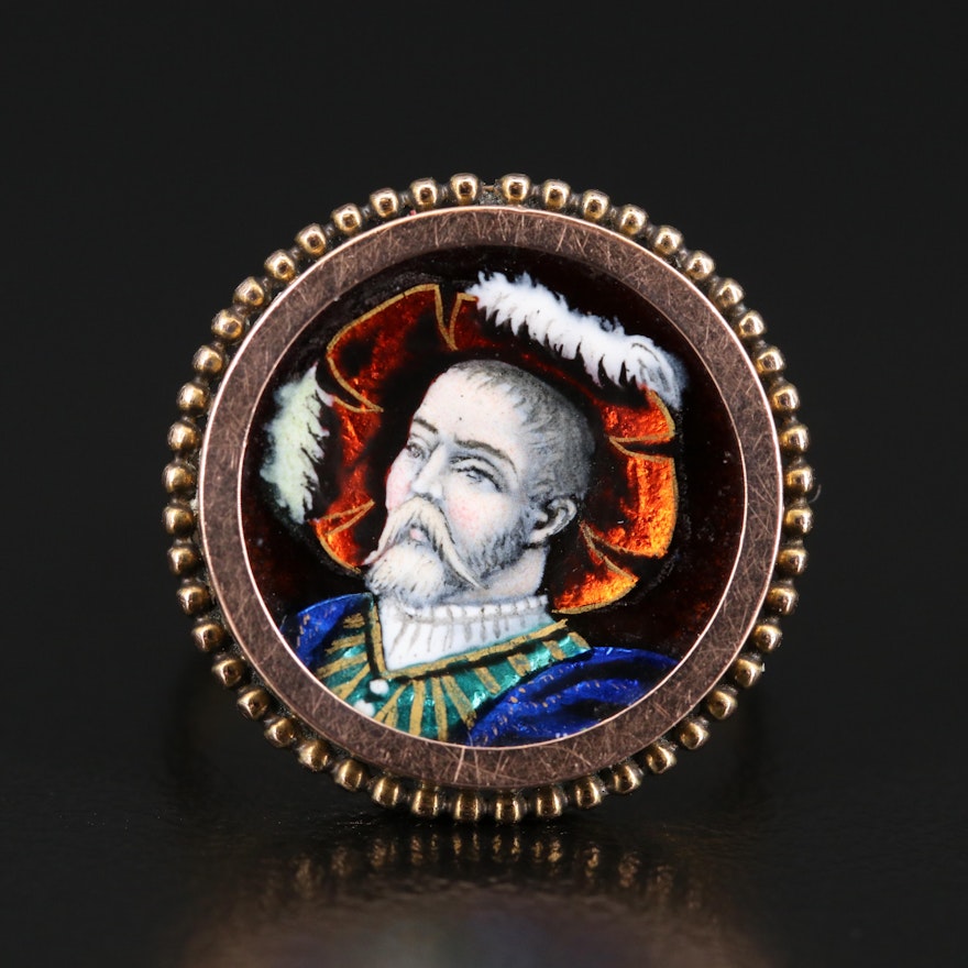 Victorian Renaissance Revival 10K Enamel Ring with Beaded Accents