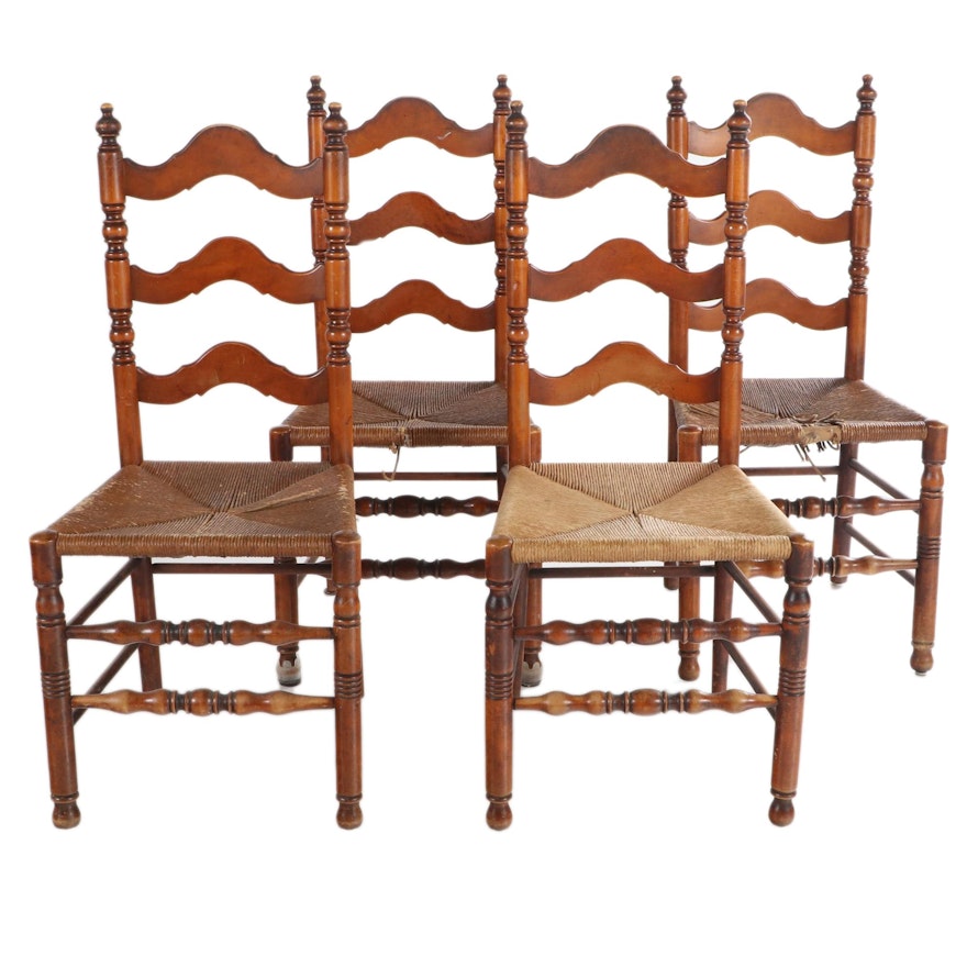 Four American Colonial Style Wood Ladder Back Side Chairs, Early to Mid 20th C.