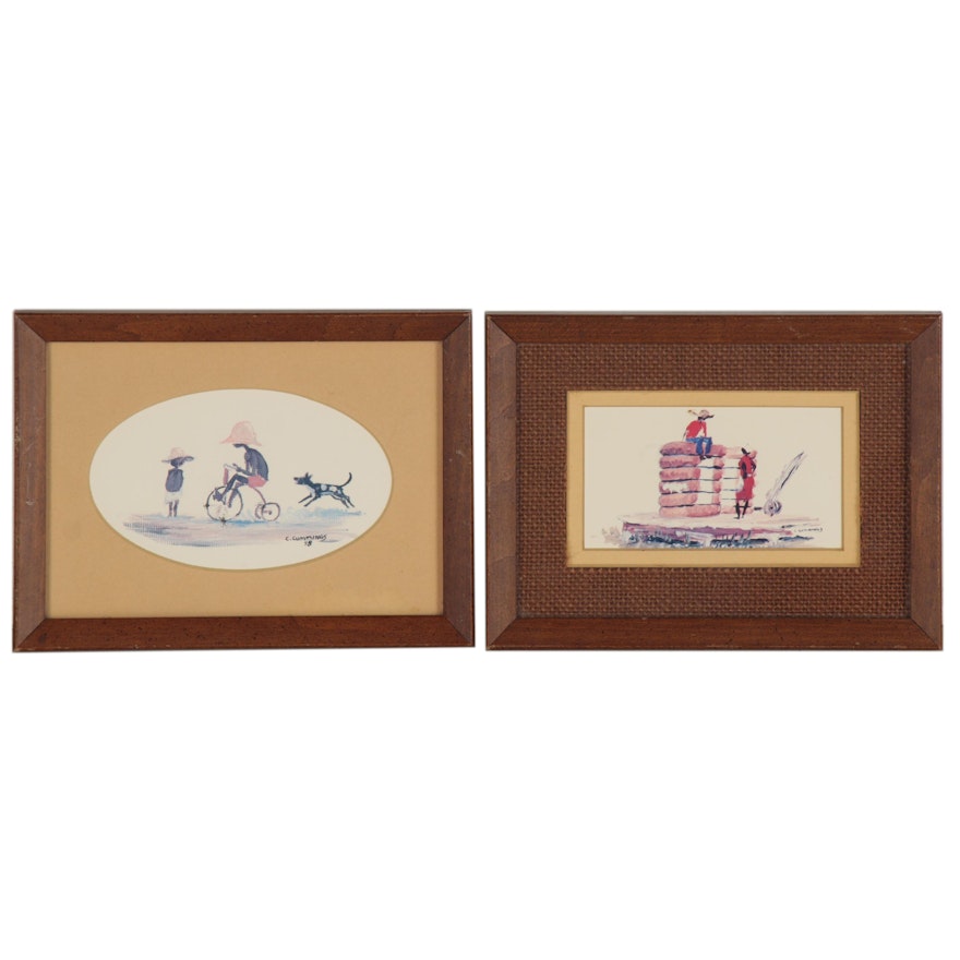 Miniature Offset Lithographs after Watercolors of Figures Playing