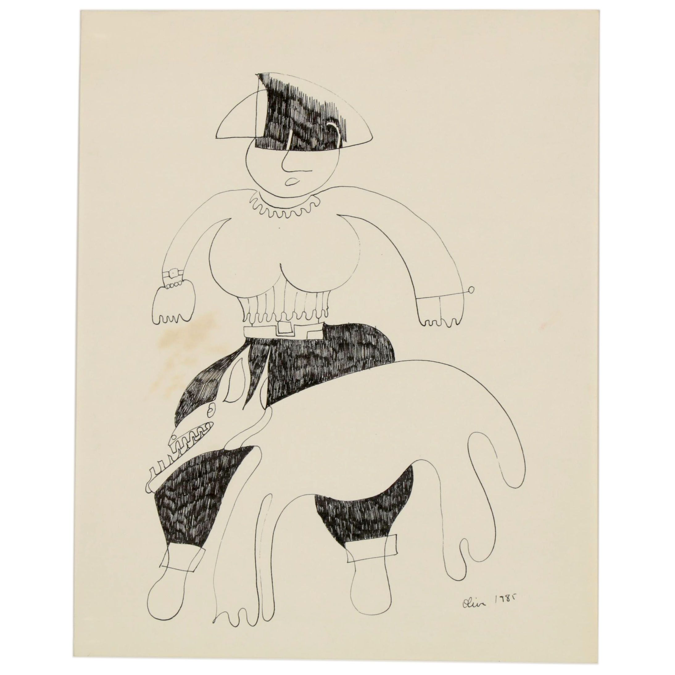 Eduardo Oliva Abstract Figural Ink Drawing of Woman with Dog, 1985