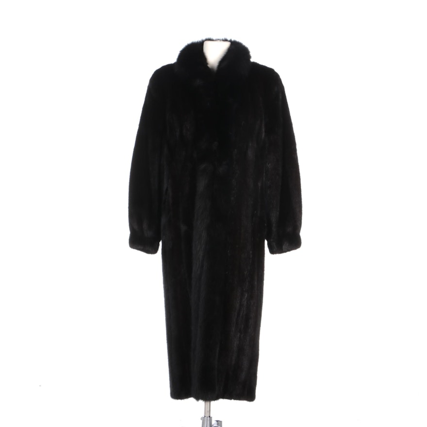 Corded Mink Fur Coat with Fox Fur Tuxedo Front Detail