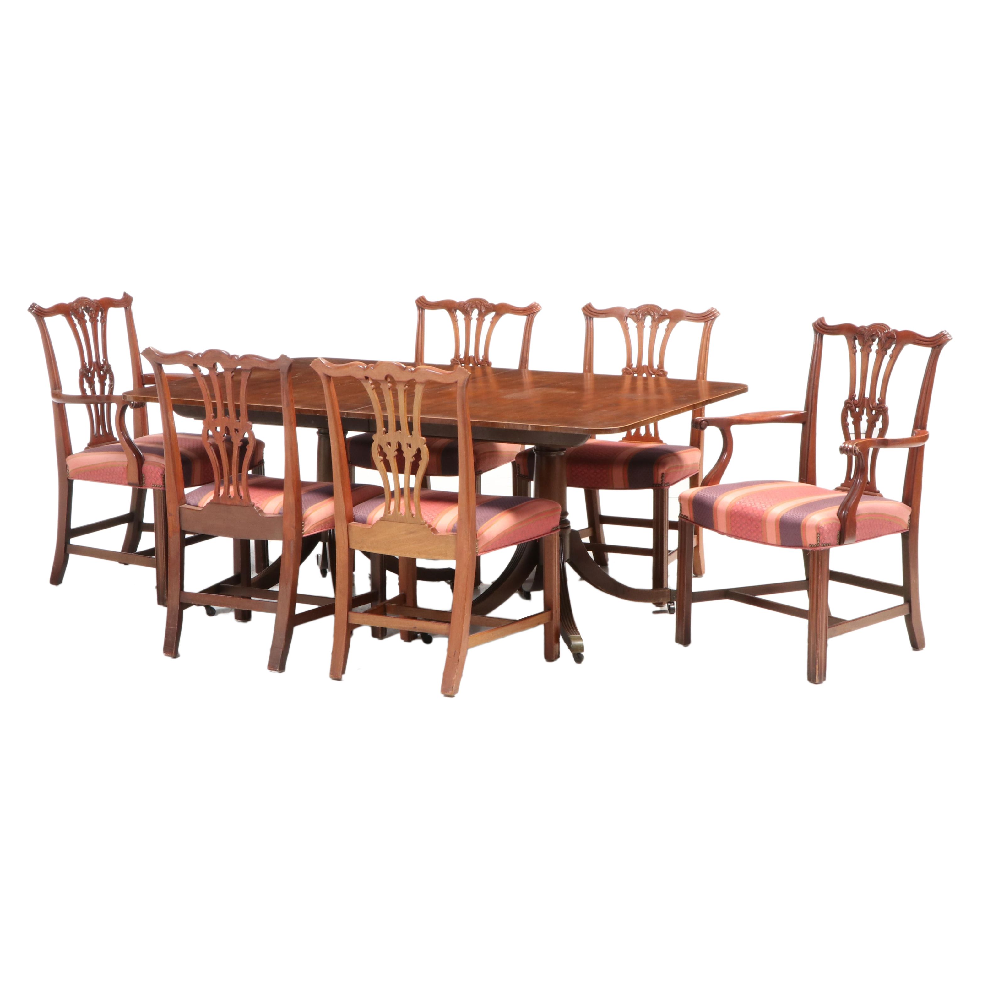 Baker Chippendale Style Mahogany Dining Table with Six Chairs, Mid-20th Century