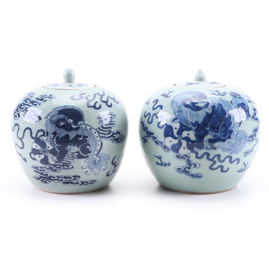 Chinese Guardian Lion Motif Porcelain Ginger Jars, Mid to Late 20th Century