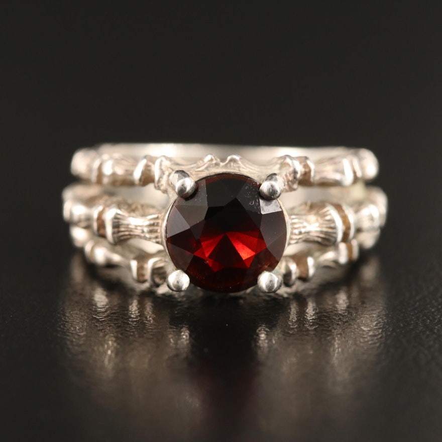 Sterling Garnet Bamboo Style Ring