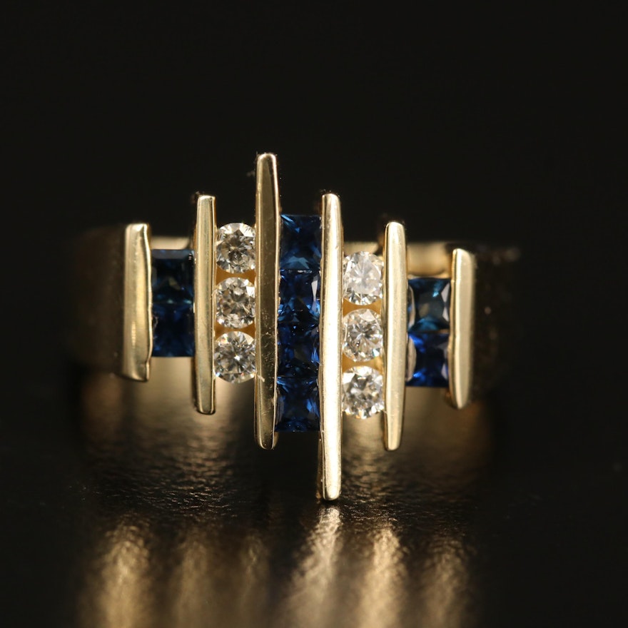 14K Diamond and Sapphire Multi-Row Euro Shank Ring