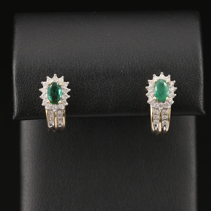 14K Emerald and Diamond J Hoop Earrings