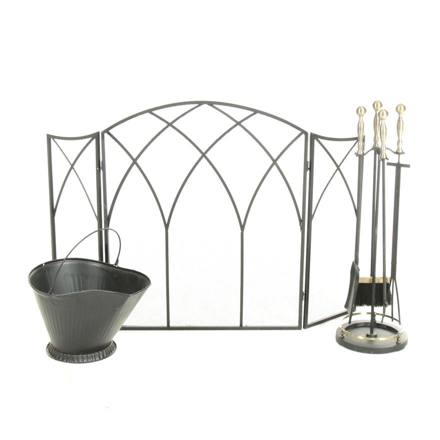 Black and Brushed Metal Finish Fireplace Screen, Coal Bucket, and Tool Set