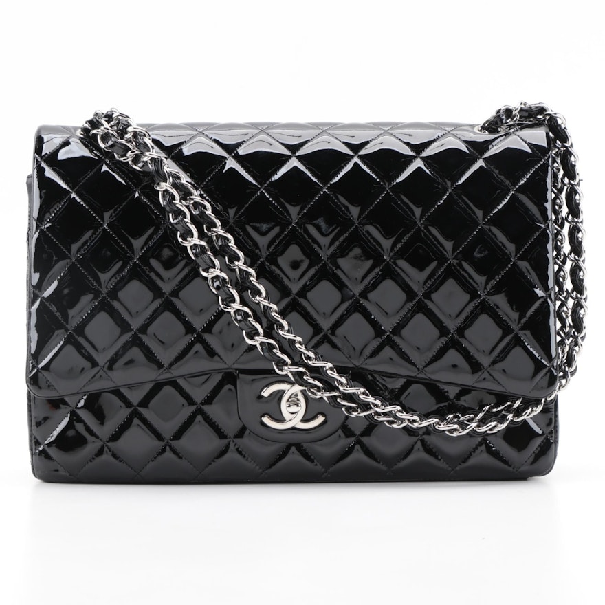 Chanel Classic Double Flap Bag Maxi in Black Patent Leather with Box