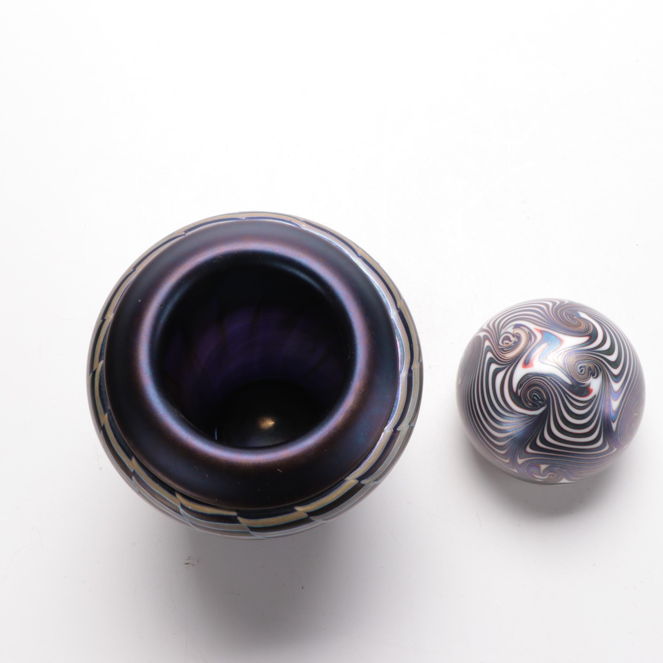Tim Jerman Iridescent Vase and Steve Smyers "Northern Star" Paperweight, 1970s