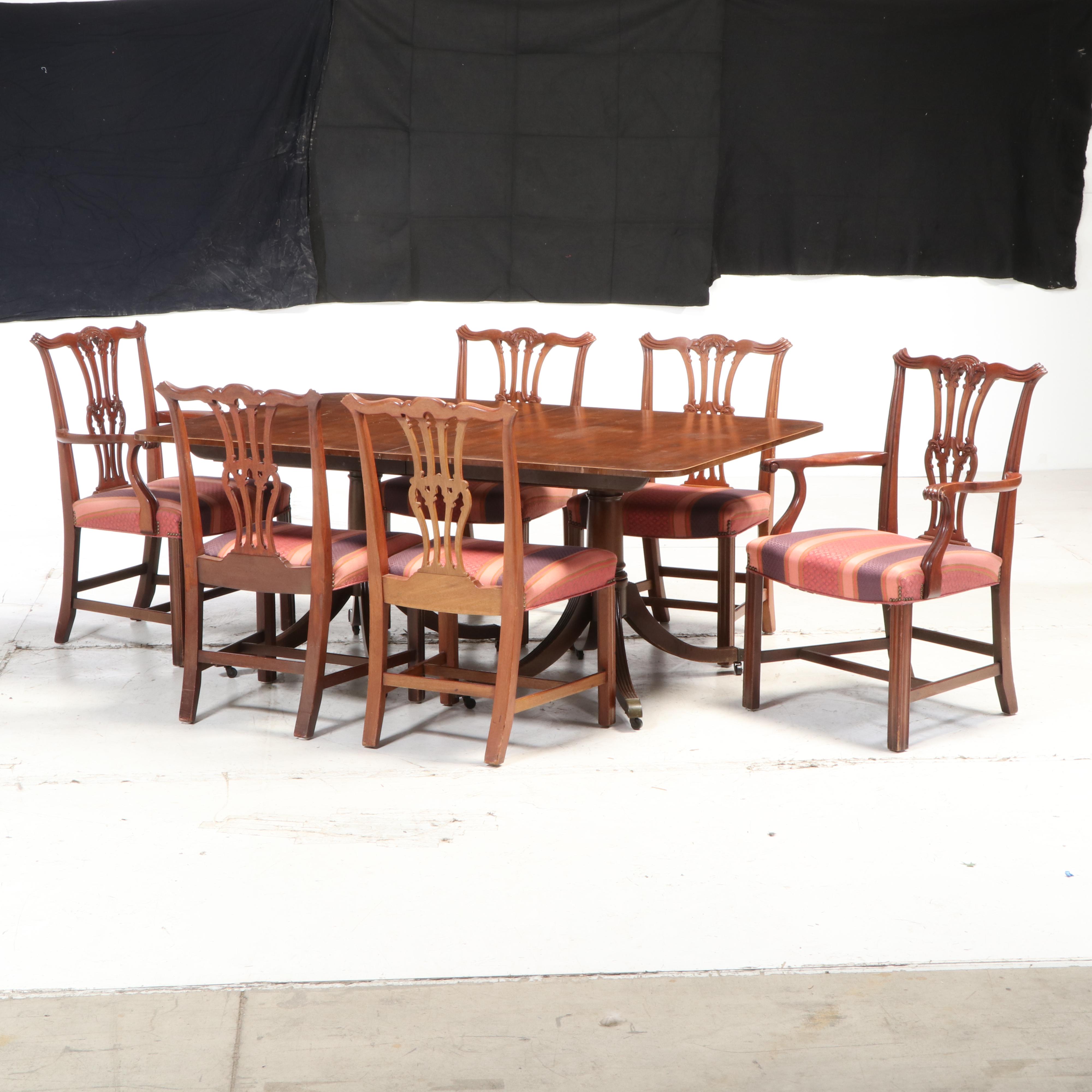 Baker Chippendale Style Mahogany Dining Table with Six Chairs, Mid-20th Century