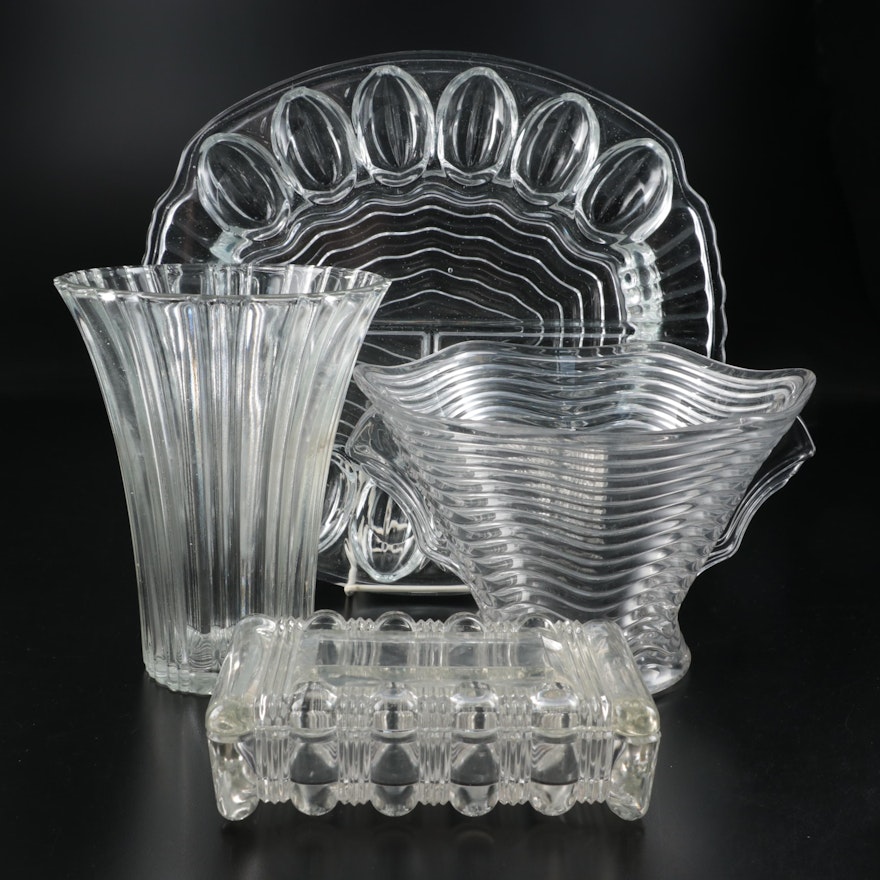 Pressed Glass Deviled Egg Dish, Vases, and Lidded Box, Mid to Late 20th C.