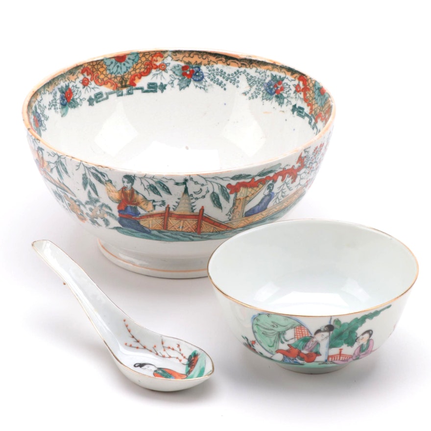 Chinese Porcelain Rice Bowl and Spoon with Other Ceramic Serving Bowl