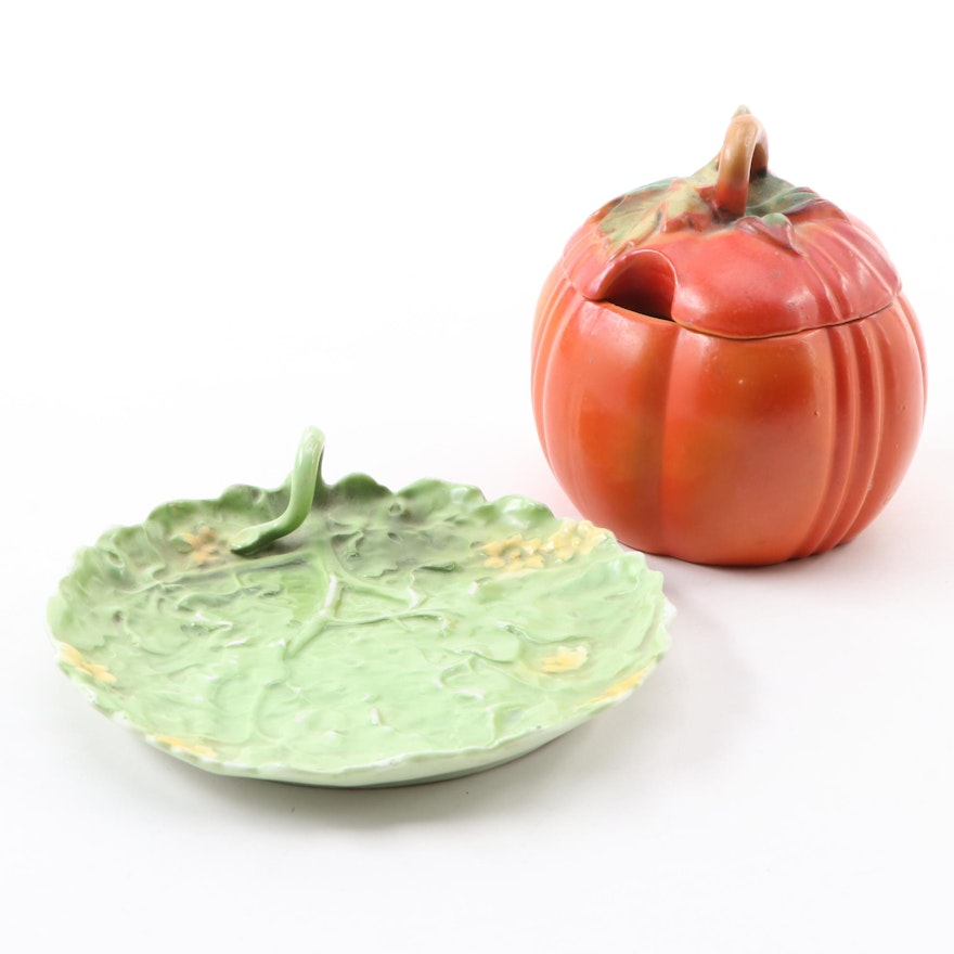 Royal Bayreuth Porcelain Cabbage Leaf Plate and Other German Tomato Sugar Bowl