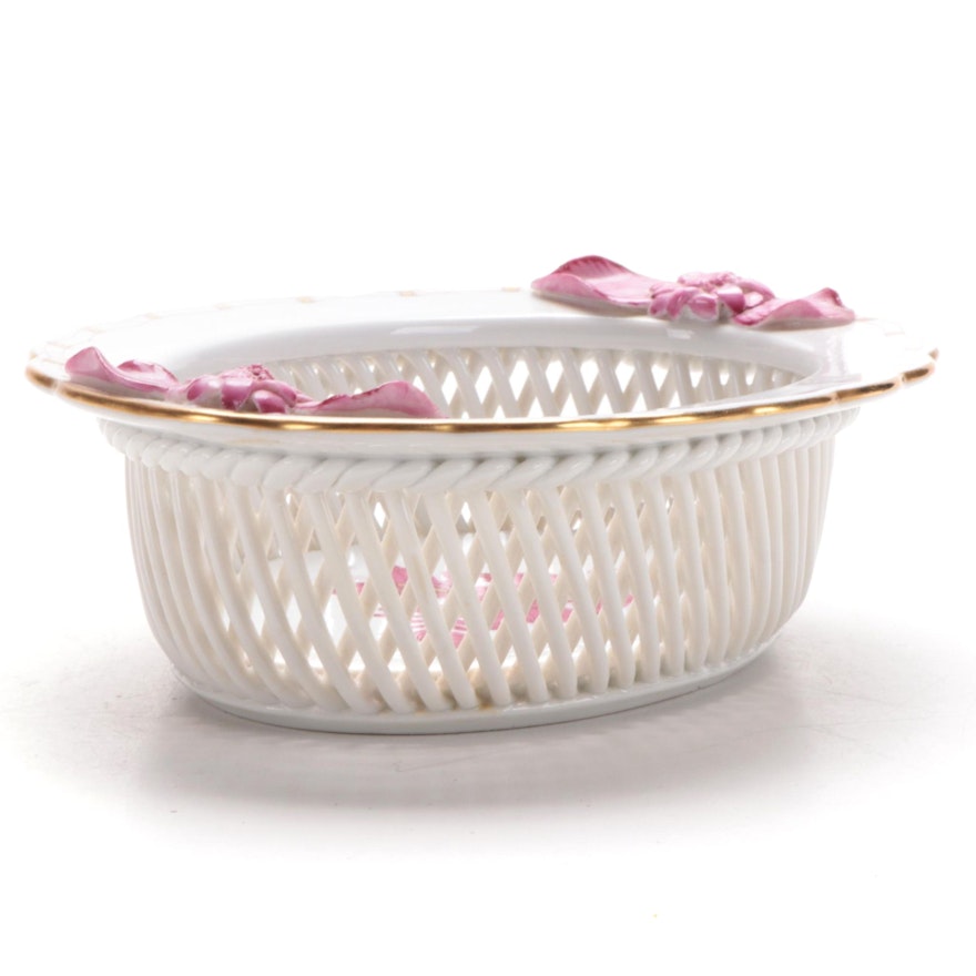 Herend "Chinese Bouquet Raspberry" Porcelain Open Weave Basket