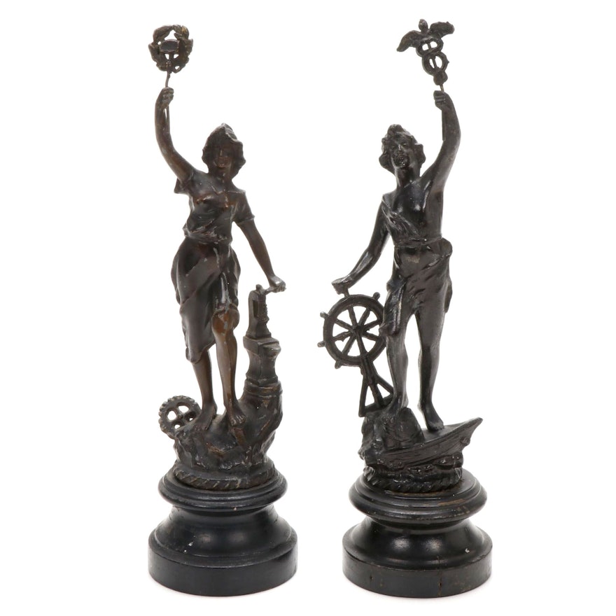 Bronze Toned Spelter Sculptures "Commerce" and "Liberty"