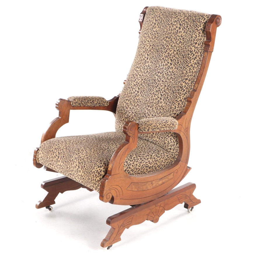 Victorian Walnut and Burl Walnut Platform Rocker, Late 19th Century