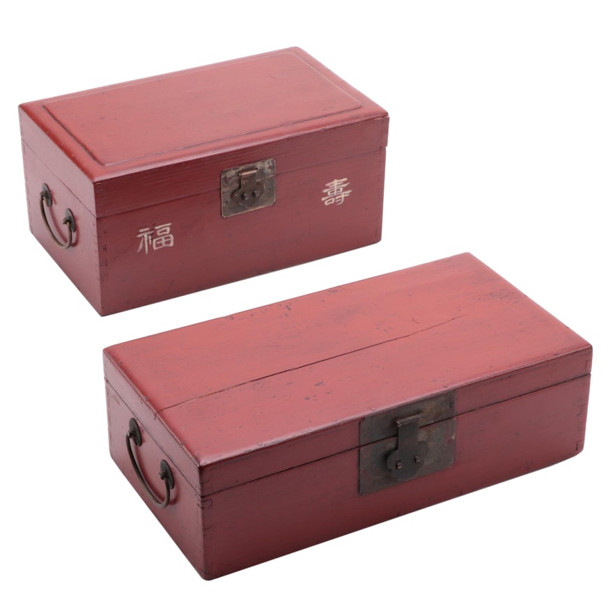 Chinese Red Painted Wood Boxes, Late 20th Century