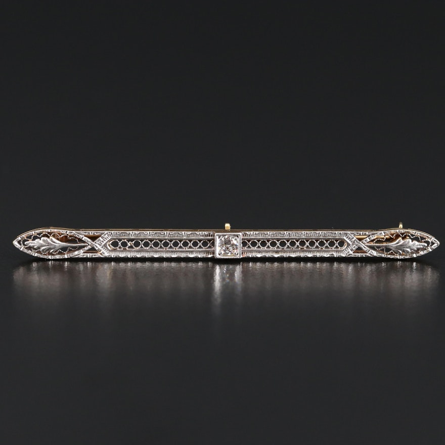 Art Deco Krementz 14K Diamond Bar Pin with Platinum Accents