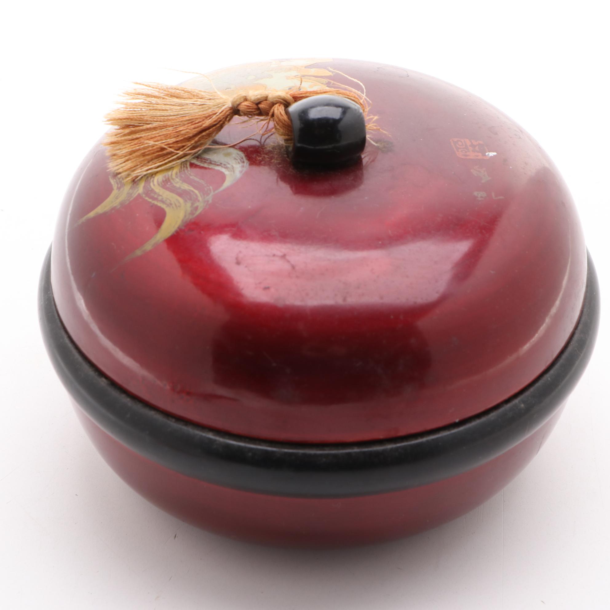 East Asian Lacquerware Lidded Box with Guardian Lion Motif