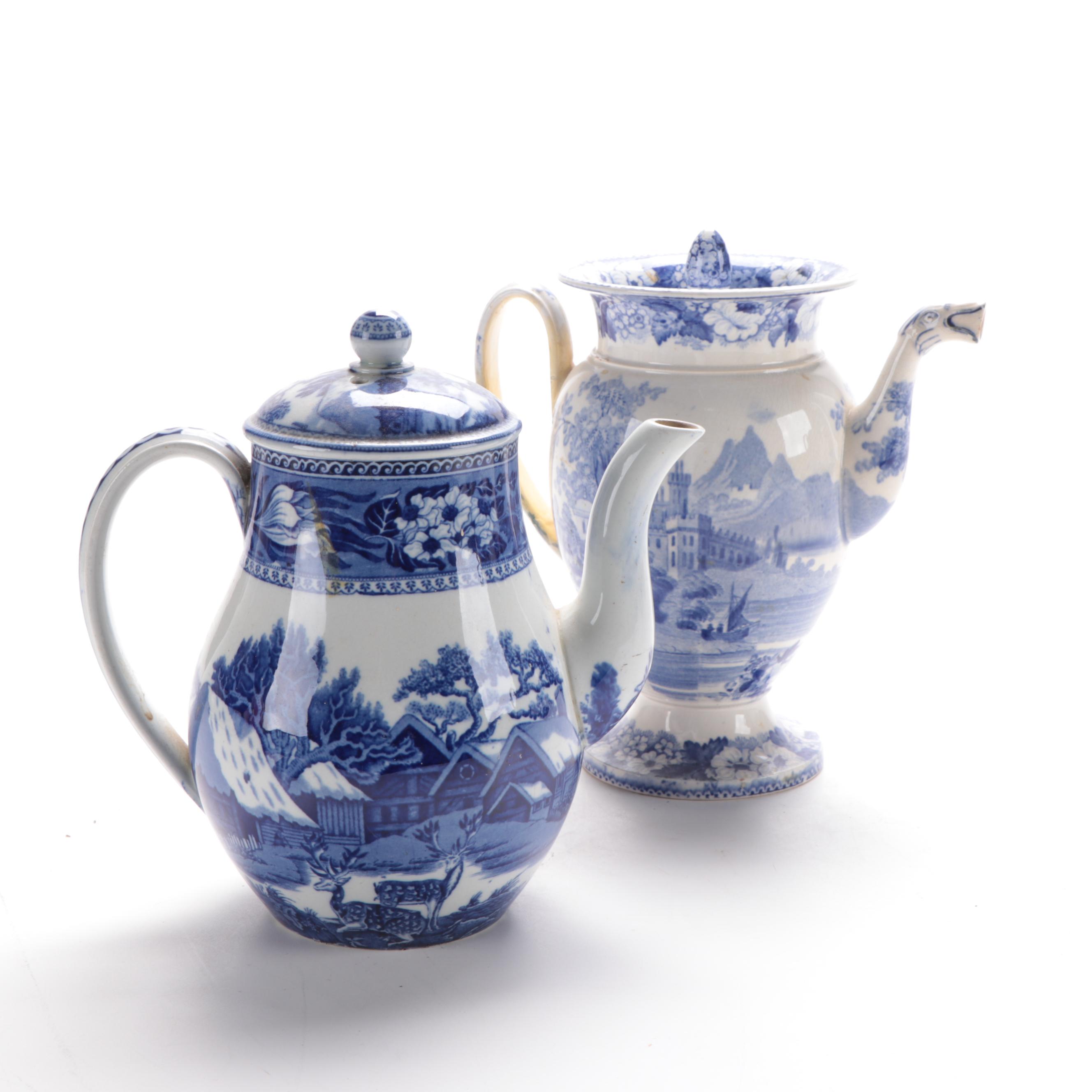 Wedgwood "Fallow Deer"  and Other  Blue and White Transferware Chocolate Pot