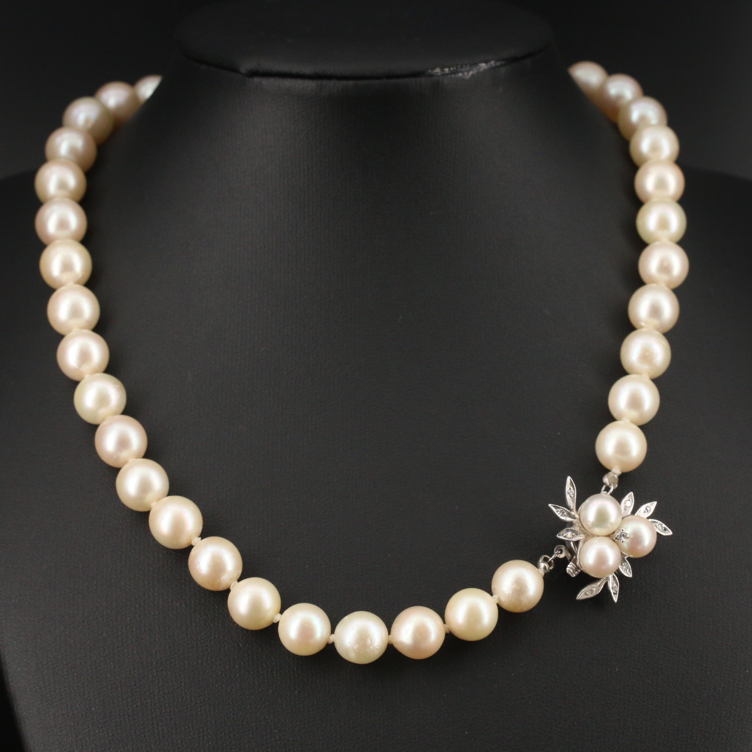 Single Strand Pearl Necklace with 14K Pearl and Diamond Clasp EBTH