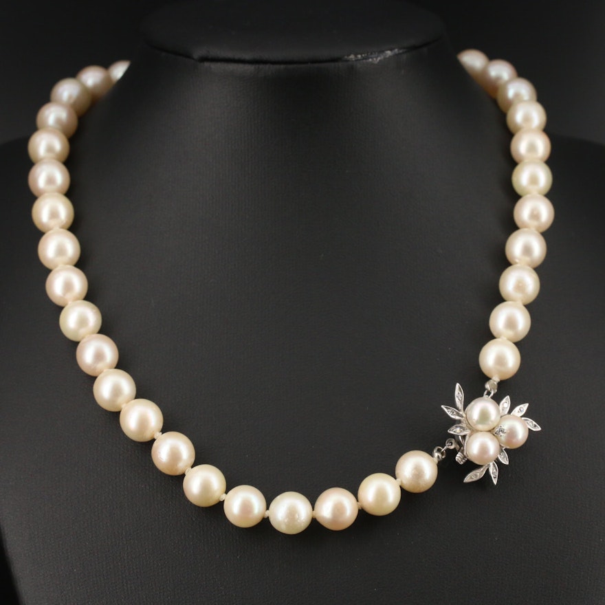 Single Strand Pearl Necklace with 14K Pearl and Diamond Clasp