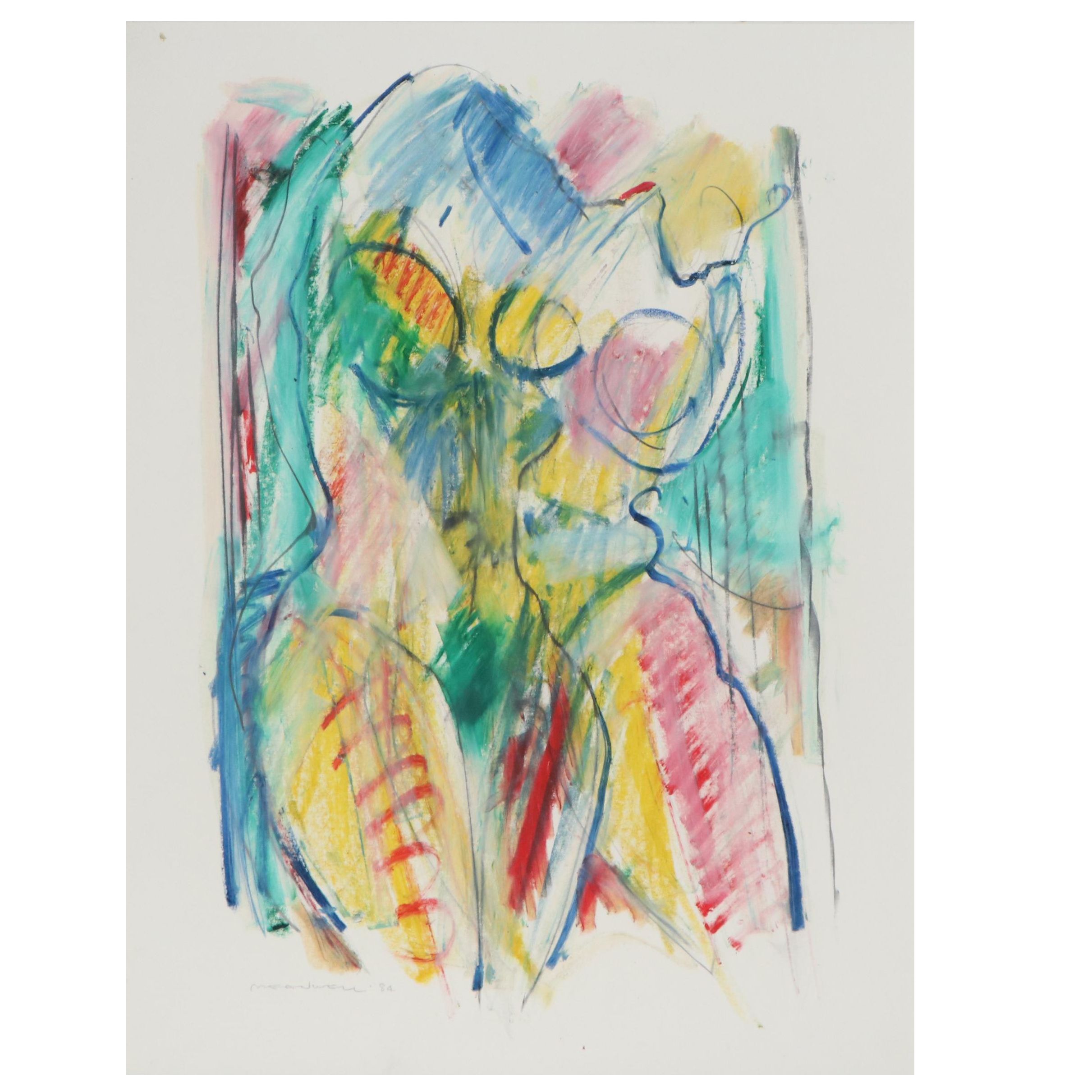 Jack Meanwell Abstract Pastel Drawing of Figure Study, 1984