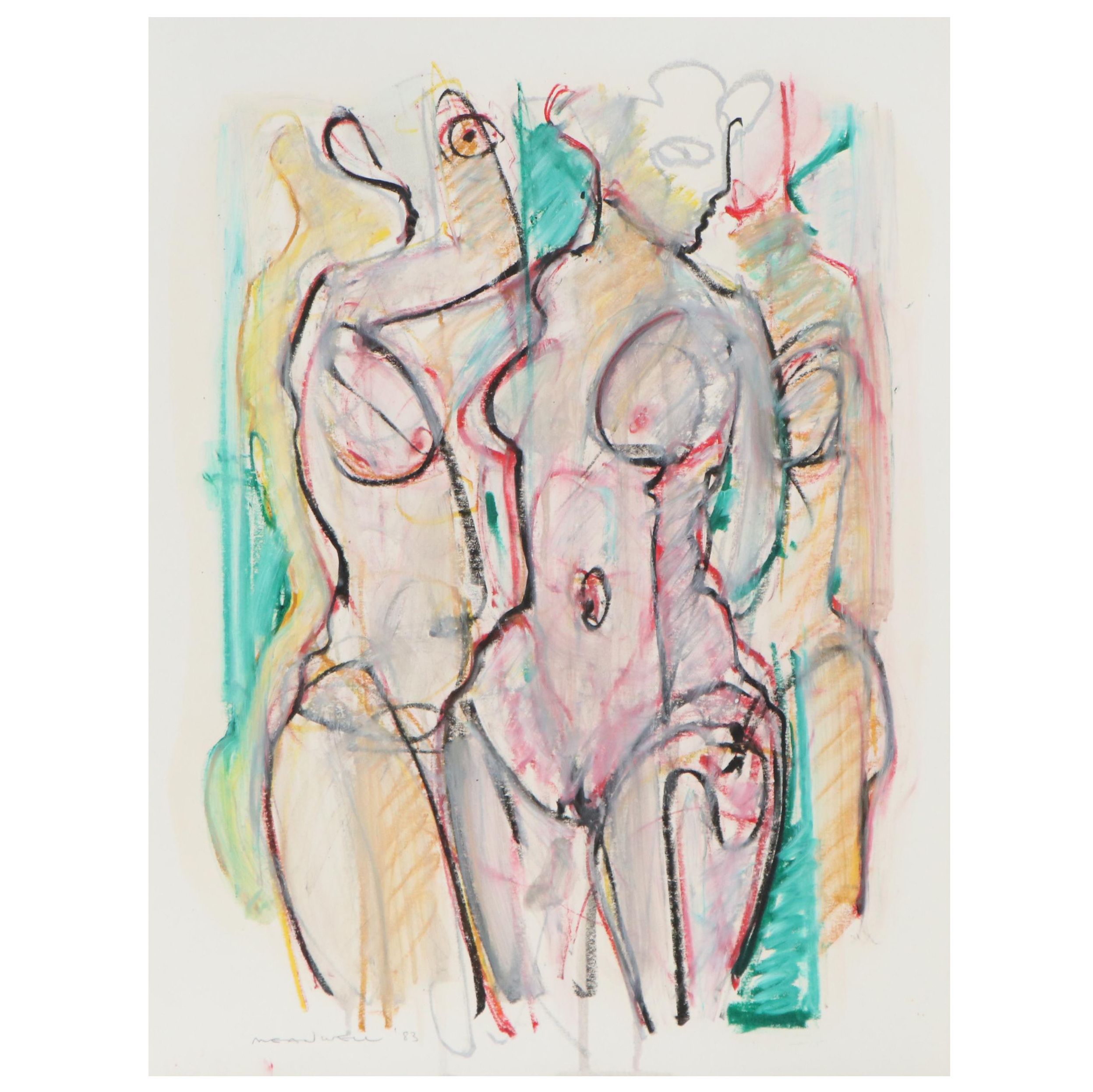 Jack Meanwell Abstract Pastel Drawing of Figure Study, 1983