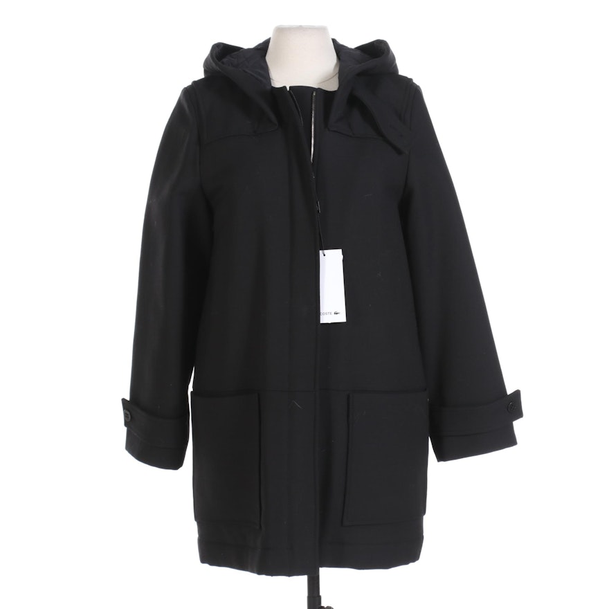 Lacoste Black Wool Blend Zipper Front Hooded Coat