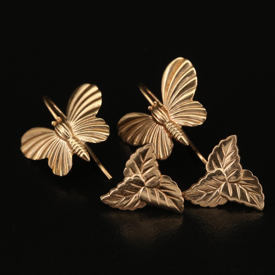 14K Butterfly and Foliate Earrings