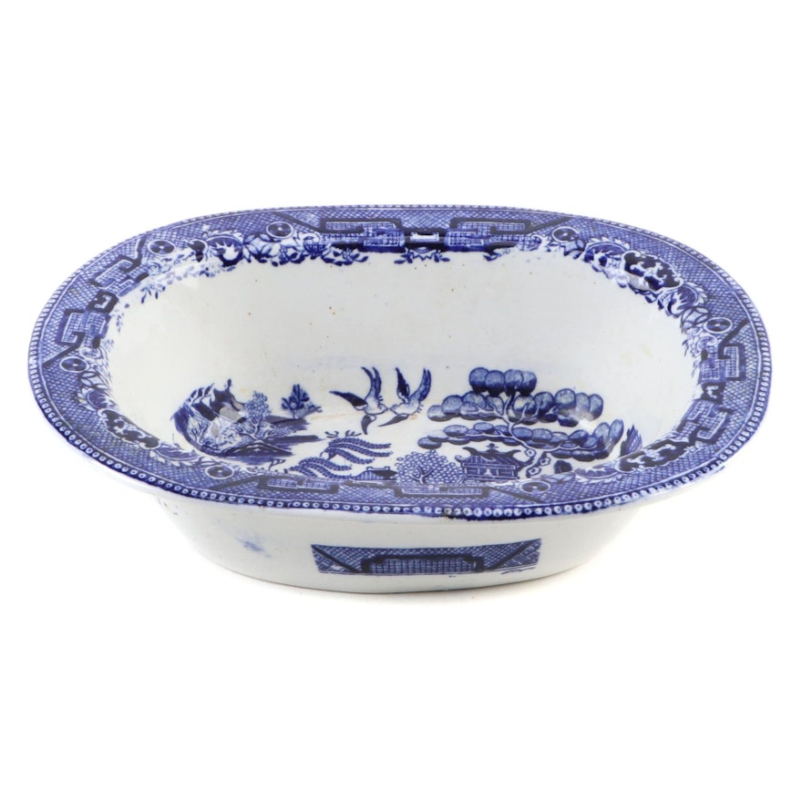 English Blue Willow Transferware Oval Serving Bowl, Late 19th/ Early 20th C.