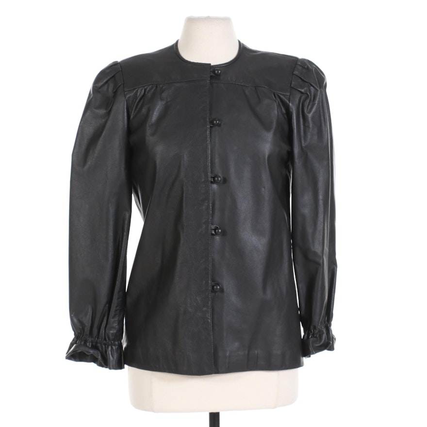 Black Leather Jacket with Pleated Front and Ruffled Cuffs