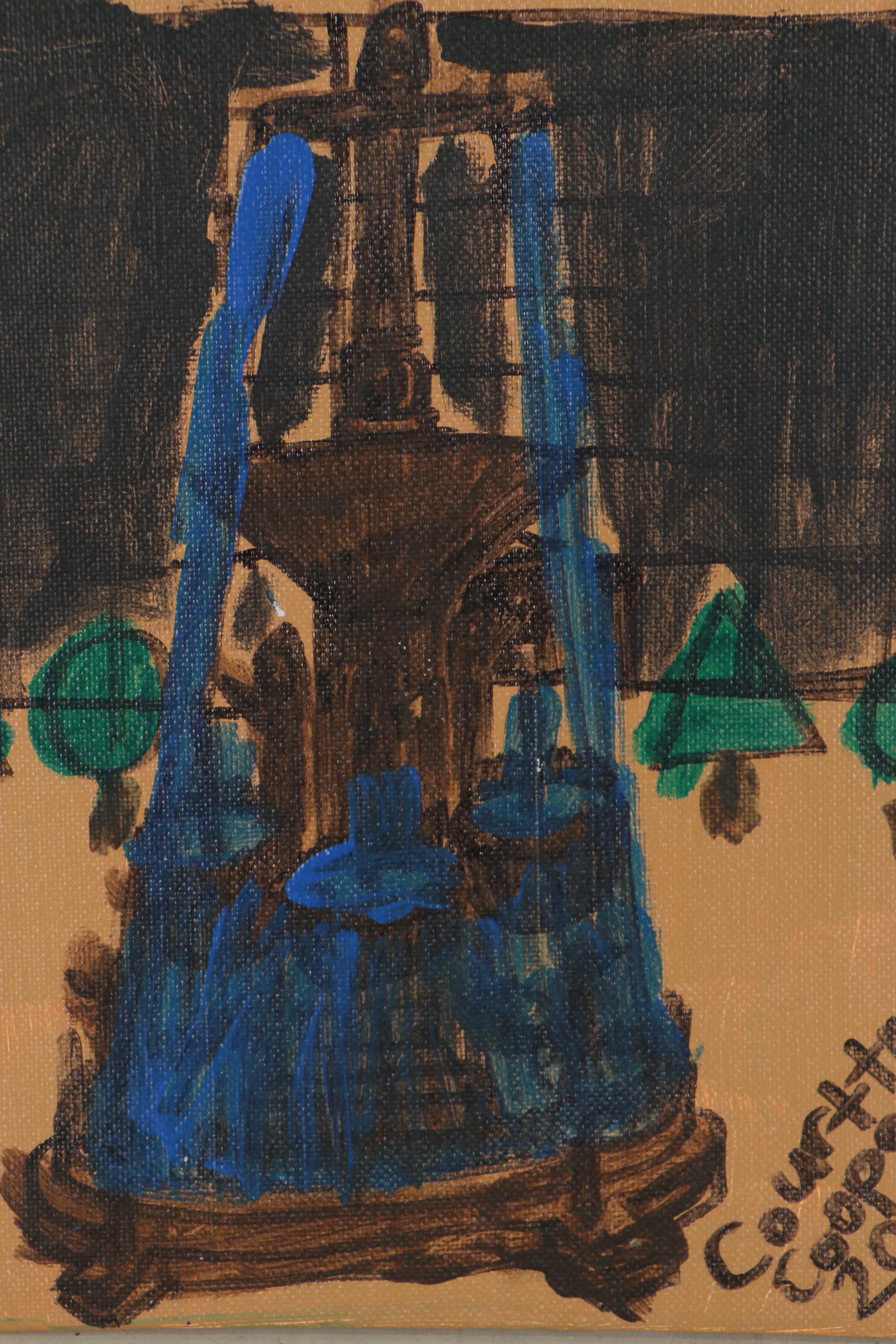 Courttney Cooper Folk Art Acrylic Painting of Fountain Square, 2006