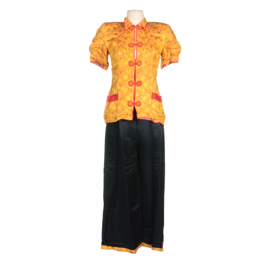 Chinese Brocade Shirt and Pant Set with Floral Medallion Pattern