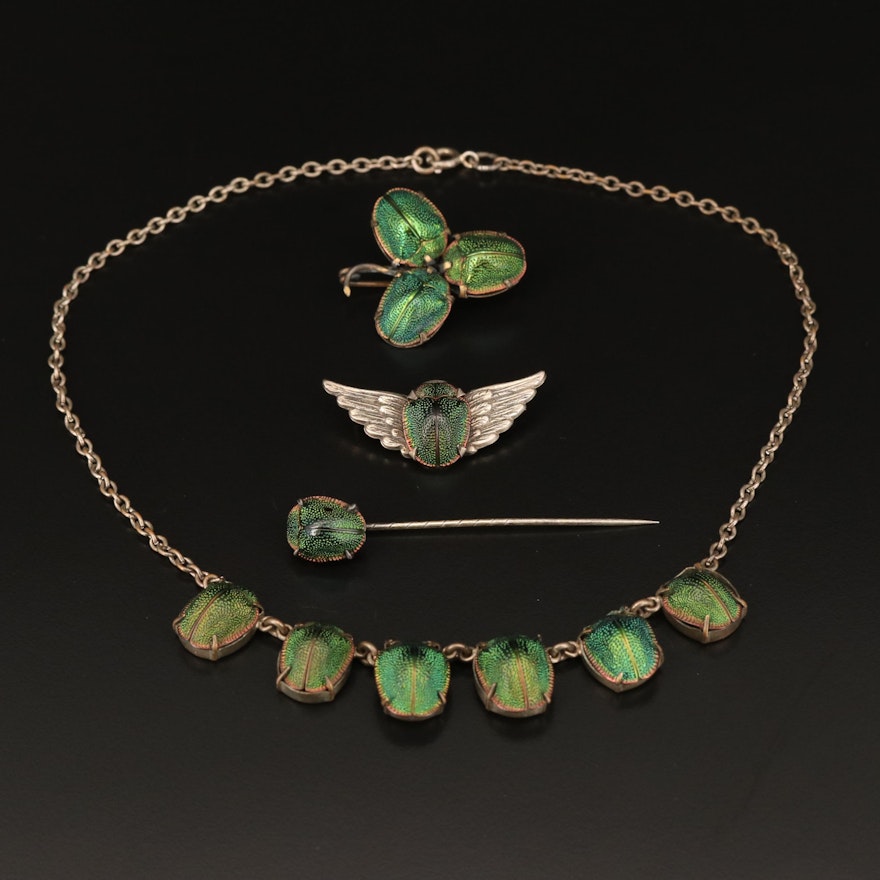 Victorian Egyptian Revival Scarab Brooch, Pin and Necklace with Winged Brooch