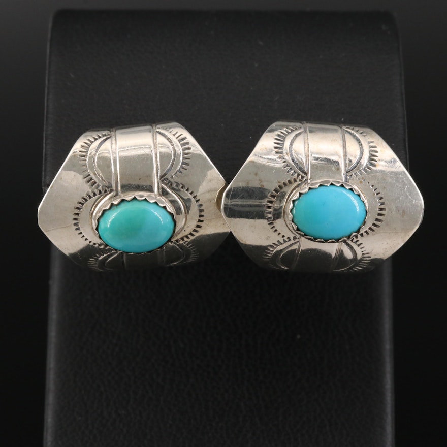 Southwestern Style Sterling Silver Turquoise Half Hoop Earrings