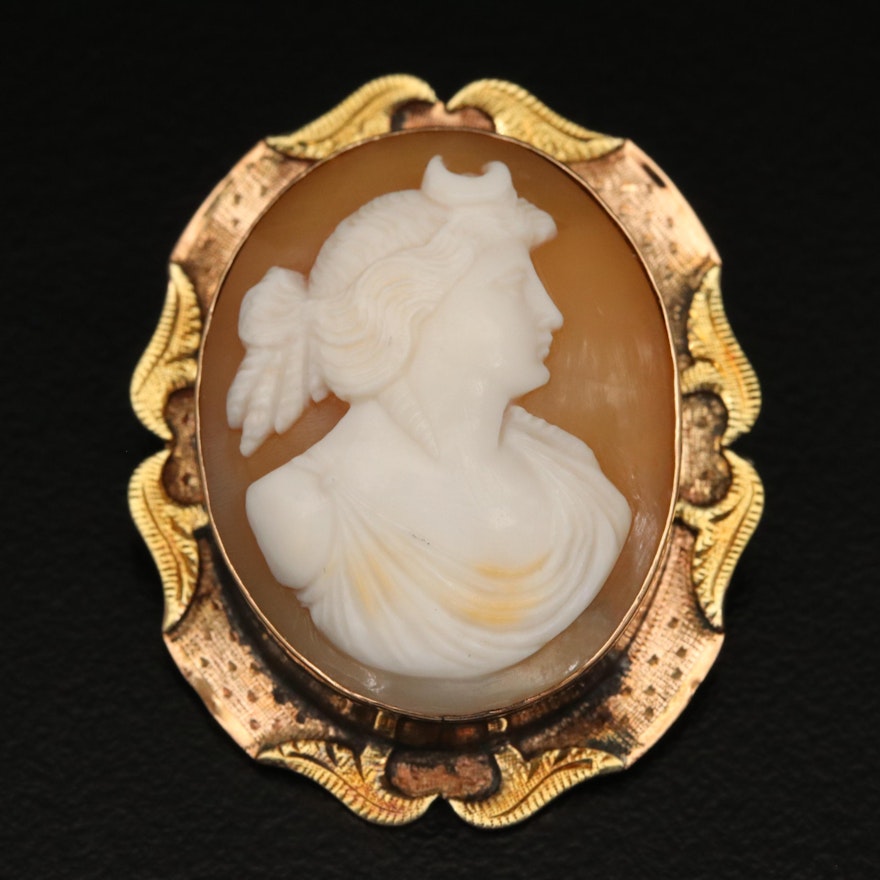 Vintage 10K Carved Shell Diana Cameo Brooch