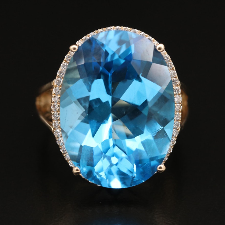 14K 20.00 CT Swiss Blue Topaz and Diamond Halo Ring