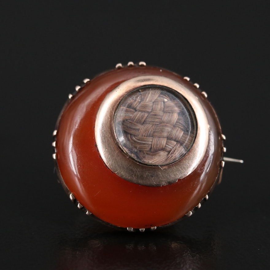 Victorian Carnelian Mourning Brooch with Woven Hair