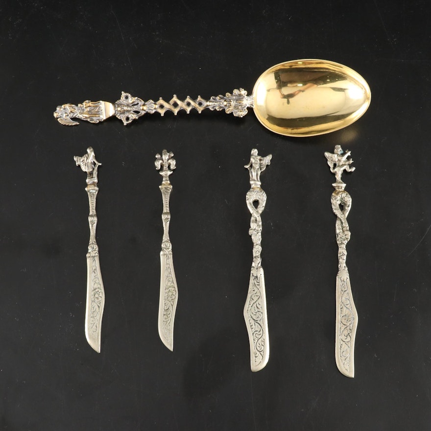 John Wilmin Figg Sterling Spoon with Italian Silver Plate Knives, 1865 and 1950s