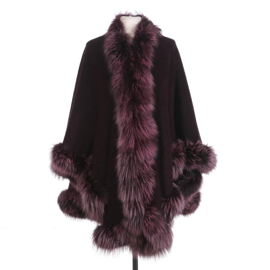 L. J. Aubergine Wool Cape with Dyed Fox Fur Trim