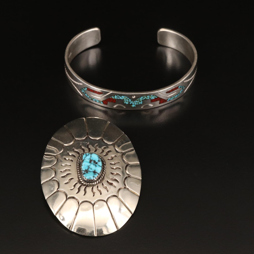Western Style Sterling Turquoise and Chipped Stone Bangle with Bolo Tie Clip