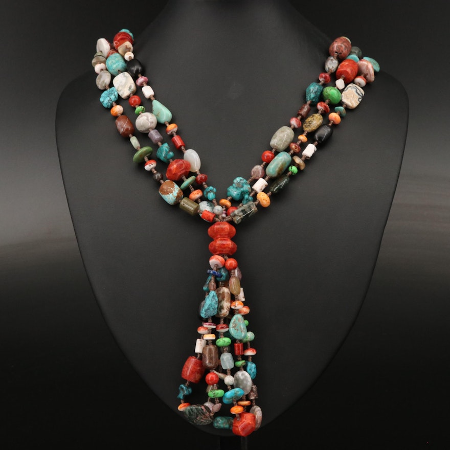 Sterling Silver Coral, Agate and Spiny Oyster Multi-Strand Necklace